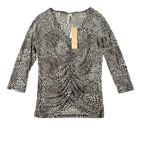 Susan Lawrence Leopard Print Top Med 3/4 Sleeve Ruched V-Neck Made In USA - Picture 1 of 11